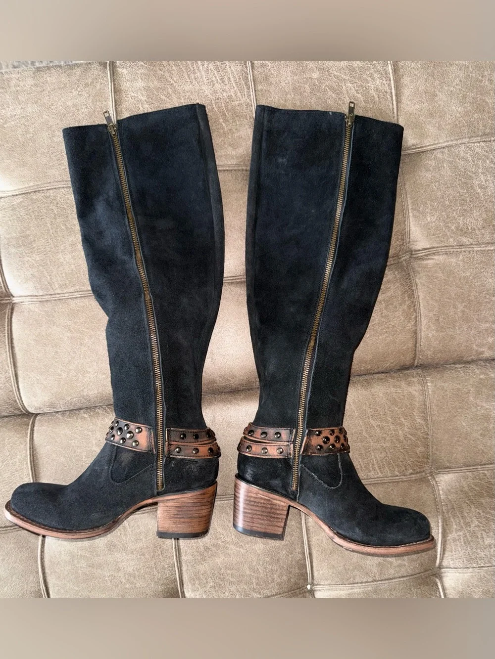 Freebird Daisy Black Suede Over-the-Knee Studded Boots with Brown Harness